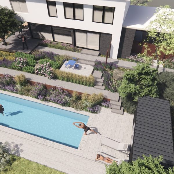 Jardin contemporain avec piscine à Gesves